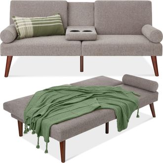 Best Choice Products Fabric Upholstered Convertible Futon w/ Rounded Armrests, Wooden Legs, 2 Cupholders