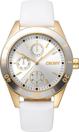 DKNY Women Watch, Gold Color Case, Silver Dial, White Leather Strap, Multi-Function, 5 ATM