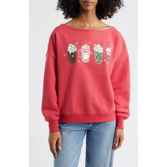 Vinyl Icons Holiday Drinks Boat Neck Sweatshirt in Red at Nordstrom, Size X-Small