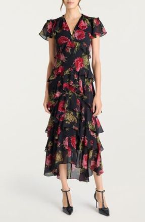 Cinq &agrave; Sept Tatum Floral Tiered Ruffle Maxi Dress in Obsidian Multi at Nordstrom Rack, Size 0