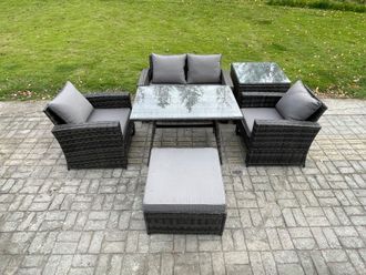 Fimous Outdoor Garden Furniture High Back Rattan Sofa Dining Table Set with Big Footstool Side Table in Dark Grey