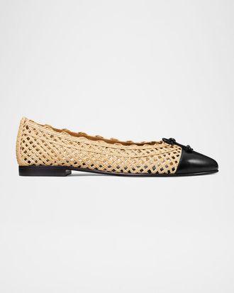Tory Burch Woven Leather Cap-Toe Ballerina Flats