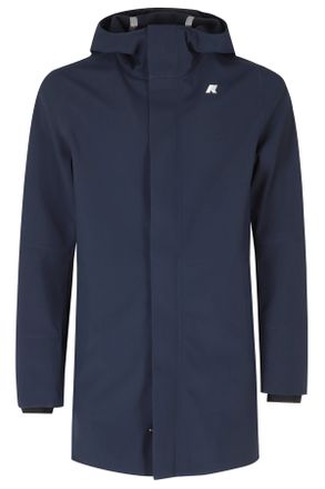 K-Way High-Collar Blue Jacket With Attached Hood And Zippered Pockets