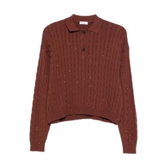 Brunello Cucinelli Brunello Cucinelli, Round-neck Knitwear, female, Brown, Size: M Dazzling Cables Knit Polo