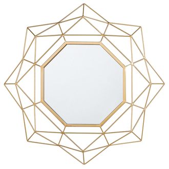 Beliani Espejo De Pared Dorado 60 Cm Redondo Art Deco Glamour Hollywood Con Marco Geom&eacute;trico Hillion