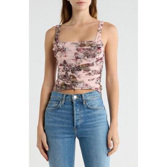 L'agence Rasha Butterfly & Jungle Print Shirred Tank Top in Light Nectar Pink Butterfly at Nordstrom, Size Xx-Large