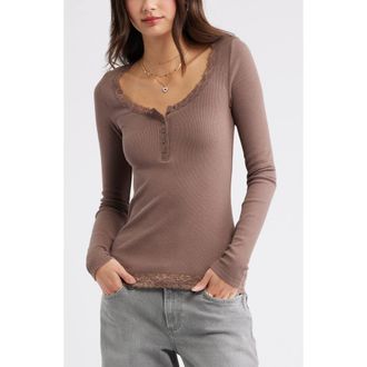 BP. Lace Trim Cotton Blend Rib Henley in Brown Quartz at Nordstrom, Size Xx-Small