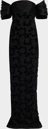 Badgley Mischka Floral Guipure Off-the-Shoulder Gown