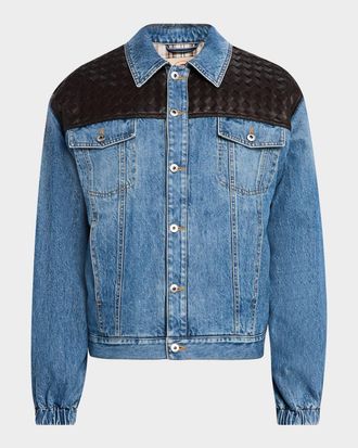 Bottega Veneta Mens Vintage Denim Jacket w/Intrecciato Yoke