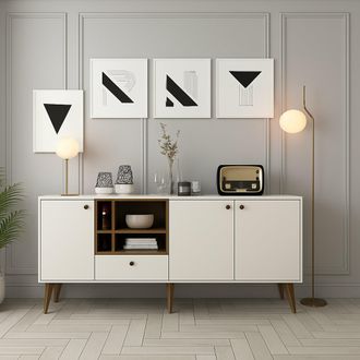 Dmora Credenza Lucertola, Madia 4 Ripiani, Un Cassetto, 3 Ante, 180x35x81h Cm Bianco Crema