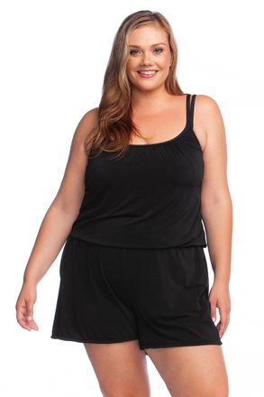 Maxine Of Hollywood Womens Plus Size Romper One Piece Swimsuit, Black/Solid Tri, 24