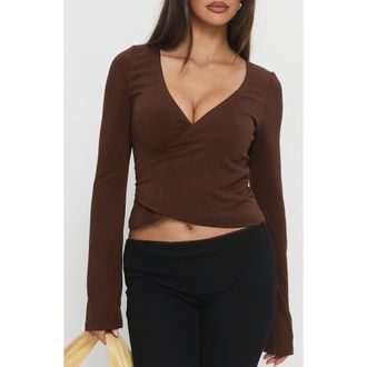 Princess Polly Stefanee Faux Wrap Top in Brown at Nordstrom, Size 12