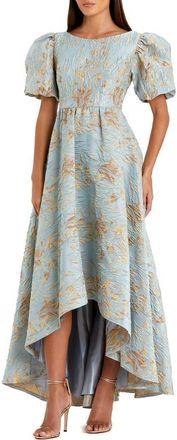 Mac Duggal Brocade High-Low Gown with Puff Sleeves in Platinum Gold at Nordstrom, Size 16