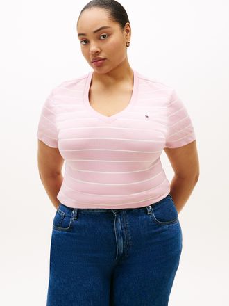 Tommy Hilfiger V-Shirt TOMMY HILFIGER CURVE CRV SLIM CODY V-NK SS, Damen, Gr. 48, fine stp pink, ecru, Single Jersey, Obermaterial: 100% Baumwolle, gestreift, slim f