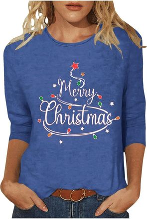 Generic Ladies Xmas Tops 3/4 Sleeve Tops for Women UK Christmas Jumpers for Women Fashion Novelty Print T Shirt Loose Fit Casual Holiday Party Xmas Print Wome
