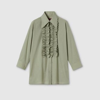 Gucci Cotton Muslin Shirt With Ruffle Trim, Green, Ready-to-wear