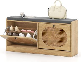 Costway Rattan Shoe Rack Stand Shoe Storage Bench with Seat Cushion-Natural