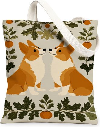 Generic Autumn Dogs Canvas Tote Bags, Cute Corgi Pattern Reusable Grocery Bags, Lightweight Washable Shoulder Strap Canvas for Trav, Orange, 13x15 Inch