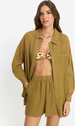 Lascana Langarmbluse LSCN BY LASCANA, Damen, Gr. 34, gr&uuml;n moss, Web, Obermaterial: 58% Viskose, 28% Baumwolle, 14% Leinen, unifarben, figurumspielend h&uuml;ftbede