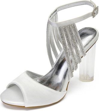Generic Satin Wedding Bridal Shoes Womens Chunky Heels Open Toe Ankle Strap Heeled Evening Party Dress High Sandals 10.5Cm,White,7 UK