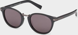 Ermenegildo Zegna 51mm Acetate & Titanium Round Sunglasses