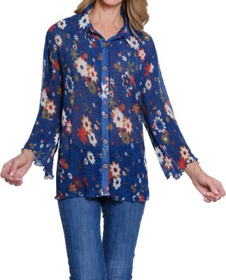 Multiples Three-Quarter Sleeve Button Front Pleated Shirt In Navy Floral Print