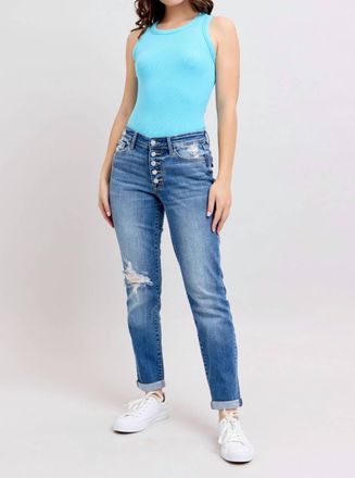 Judy Blue Mid Rise Button-Fly Boyfriend Jeans In Medium Blue