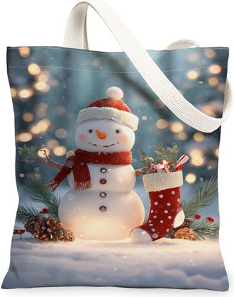 Generic Christmas Snow Man Canvas Tote Bags, Holiday Winter Design Lightweight Washable Grocery Bags, Decorative Shoulder Strap Canvas for Travel Shopping Pic