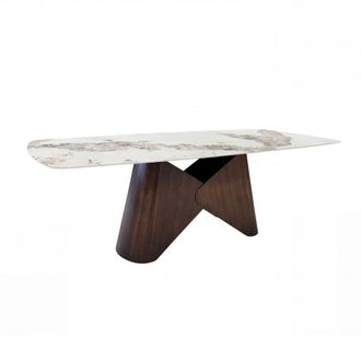 Pondecor Interiorismo Mesa de comedor m&aacute;rmol porcel&aacute;nico crema patas en bronce 220x110cm