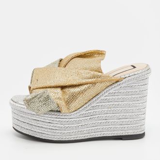 N&deg;21 N21 Silver/gold Glitter Fabric Raso Knot Espadrille Platform Wedge Sandals