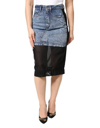 Dolce & Gabbana Blue Black Cotton Denim Sheer Midi Womens Skirt