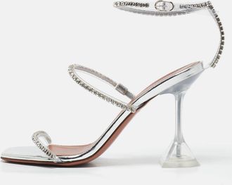 Amina Muaddi Silver Leather Glid Ankle Strap Sandals