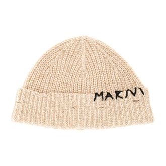 Marni Wollen beanie met herstelborduurwerk - Dames - Hoeden - Beige - M - Wol - Accessoires