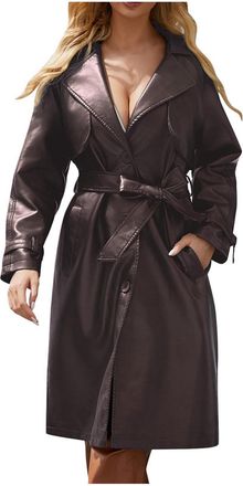 Generic Womens Faux Leather Trench Coats Slim Fit Single Breasted Notched Lapel Overcoat Tie Waist Dressy Outerwear Coffee