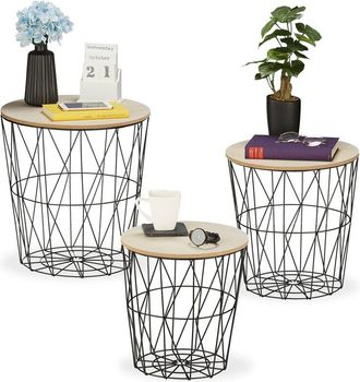 Relaxdays Relaxdays - Set 3 Mesas Auxiliares Almacenaje, Redondas, Mesas de Salón, Metal, 3 Tamaños, Mesa Industrial, Color Negro