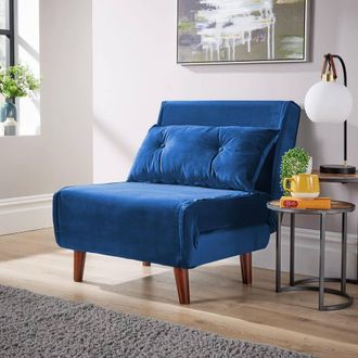 Home Source Industries Double Sofa Bed Folding Chair Velvet Wooden Legs Two Pillow Home in Blue