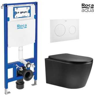 Roca Roca - Bastidor Duplo Con Cisterna Empotrada Y Pulsador Pl10 Blanco Mate Con Inodoro Suspendido Nebula Black Mate Rimless