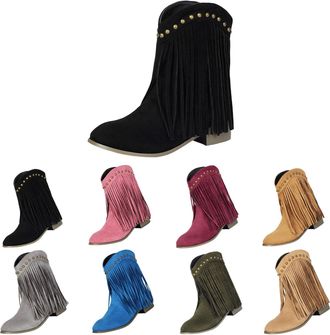 Generic Cowboy Boots with Tassels for Women, Western Retro Suede Casual Comfort Fashion Fringe Cowgirl Cowboy Boots for Pointed Toe Pull on Low Chunky Heel Mi