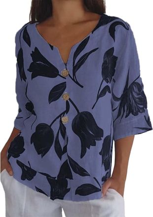 Generic Plus Size 3/4 Sleeve Linen Tops for Women UK Summer V Neck Mid Long Sleeve Tops Ladies Casual Loose Vacation Beach Solid Color down Blouses Tunic T Sh