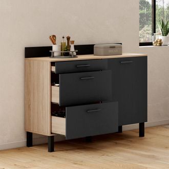 IDMarket Idmarket - Aparador De Cocina Bajo 120 Cm Encimera Cina H.83 Cm 1 Puerta + 3 Cajones Aspecto Haya Y Negro