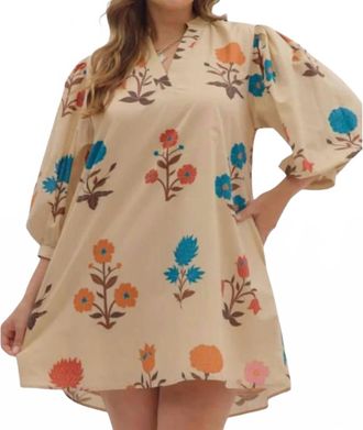 Entro Floral Three Quarter Sleeve Mini Dress In Beige Multi
