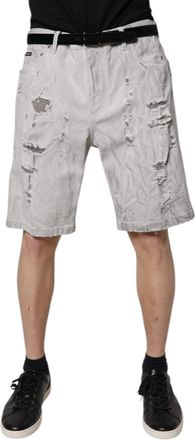 Dolce & Gabbana Light Gray Tattered Men Denim Bermuda Shorts Cotton Elastane
