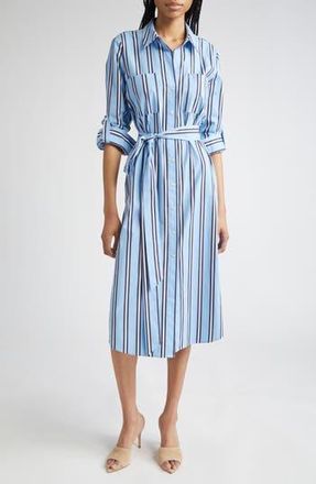 L'agence Jubilee Stripe Belted Long Sleeve Cotton Shirtdress in Sky Blue/Midnight Stripe at Nordstrom Rack, Size Small