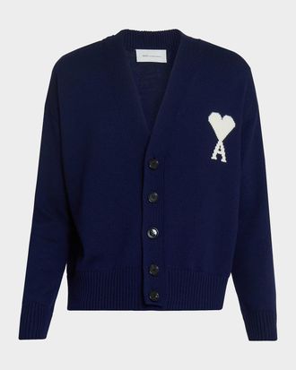 Ami Men & apos;s Intarsia Ami De Coeur Wool and Cotton Knit Cardigan