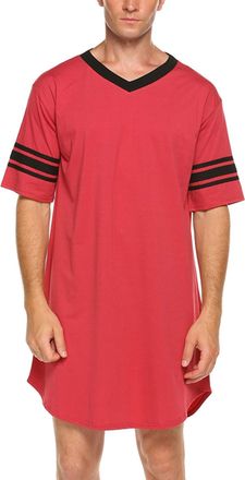 Feoya Mens Nightshirt Short Sleeve Sleepwear Soft Nightgown Half Button Long Loose Pyjama Top for Home Hospital L Red