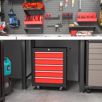 HOMCOM 5-Drawer Tool Chest Steel Lockable Tool Storage Cabinet w/ Wheels in Red