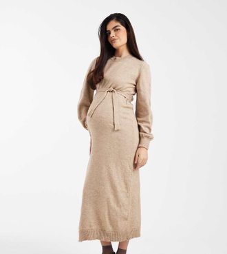 Mama Licious Mamalicious Maternity - Vestito lungo in maglia di colore naturale m&eacute;lange con cintura e maniche a campana-Neutro