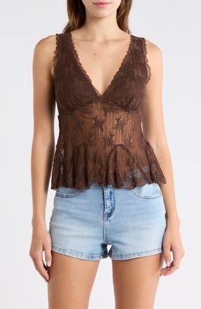 Madden Girl V-Neck Lace Trim Flare Tank in Chestnut Brown at Nordstrom Rack, Size X-Large