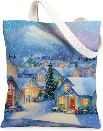 Generic Winter Wonderland Canvas Tote Bags, Scenic House Illustration Reusable Grocery Bags, Lightweight Washable Shoulder Strap Ca, Blue, 13x15 Inch