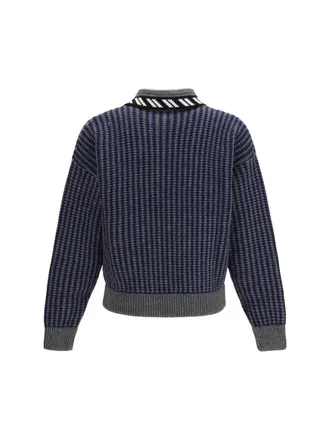 Versace Mens Intarsia Wool Knit Zip Cardigan Grey Melange Navy Blue Merino Ovis Aries Sweater
